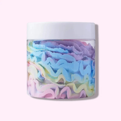 Jar of colorful whipped body butter with pastel rainbow swirls and a white lid
